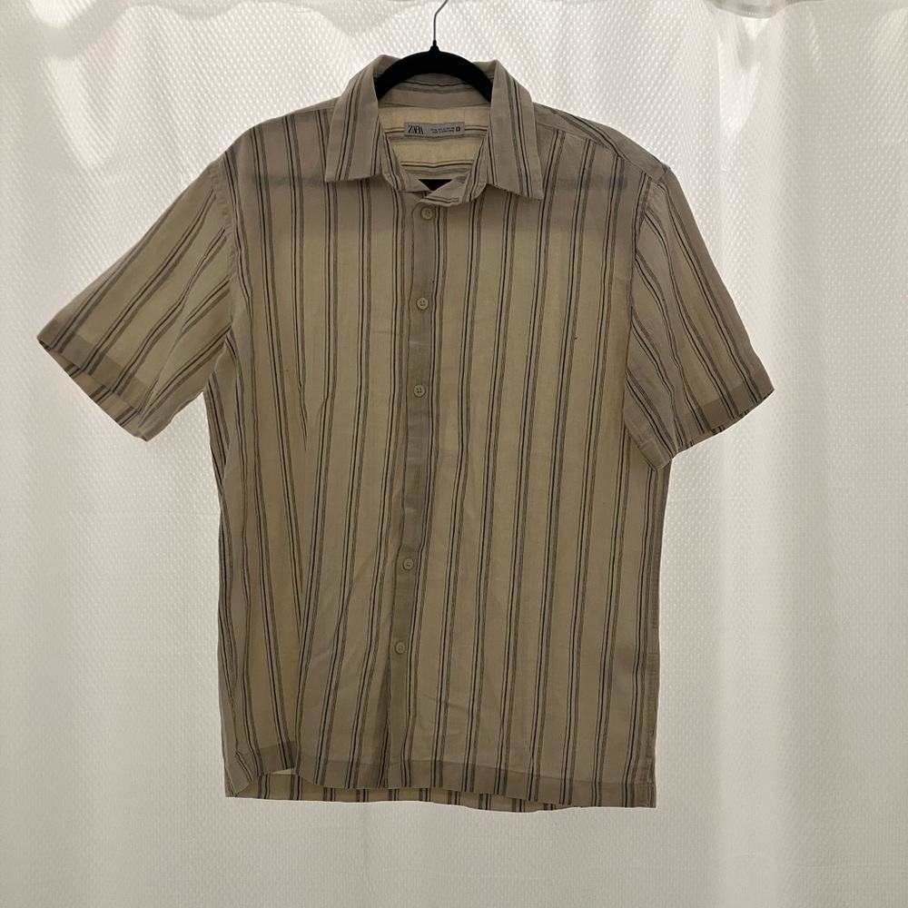 Zara Men's Beige Striped Button Down Shirt